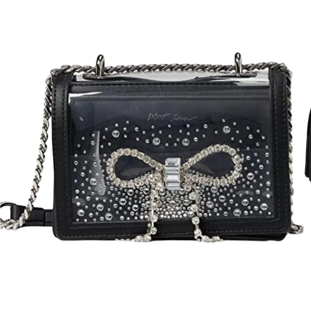 BETSEY JOHNSON Stadium bag Embellished Bow Black Clear Silver bling Like new - Picture 5 of 15